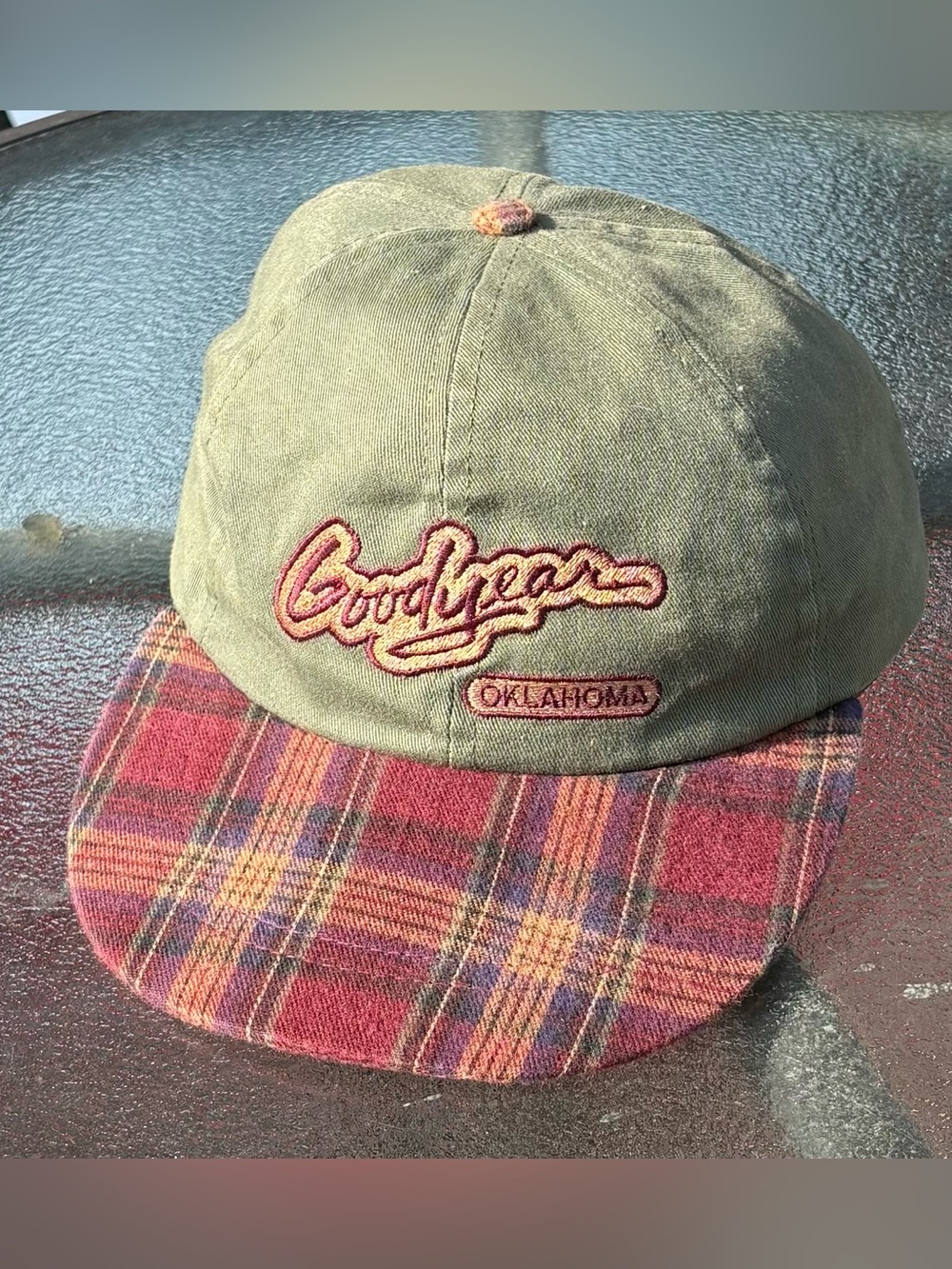 Vintage 90’s Goodyear Oklahoma Olive Green Red Plaid Brim Strapback Hat OSFA EUC